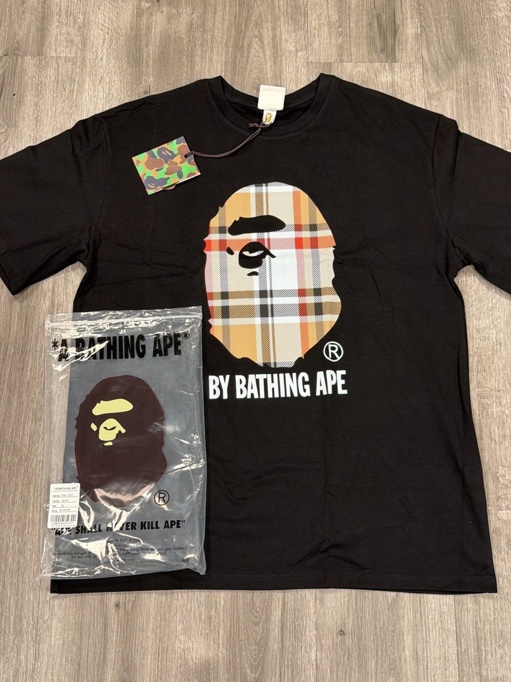 Bape Black Tee with Tan Plaid Ape Head